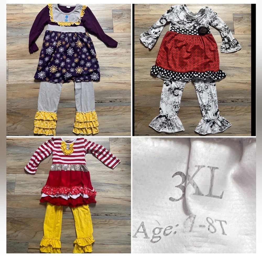 *Set of 3* Girls 3XL (7-8) Ruffled Floral Shirt - Matching Flare Leg Pants Sets